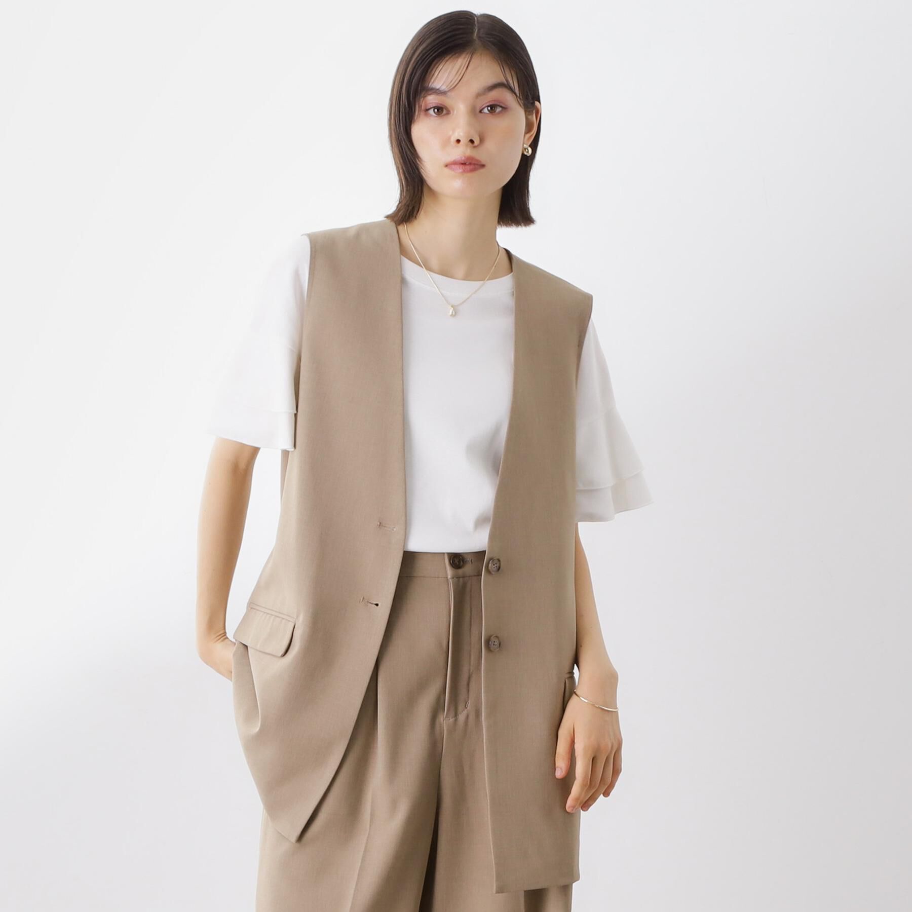 THE SHOP TK「ノーカラージレ【セットアップ可/洗濯機OK】」|ベスト・ジレ|ベージュ(052)