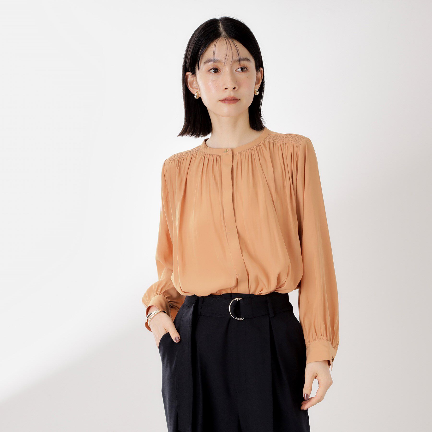 THE SHOP TK「ヴィンテージサテンギャザーシャツ」|シャツ・ブラウス|オレンジ(067)