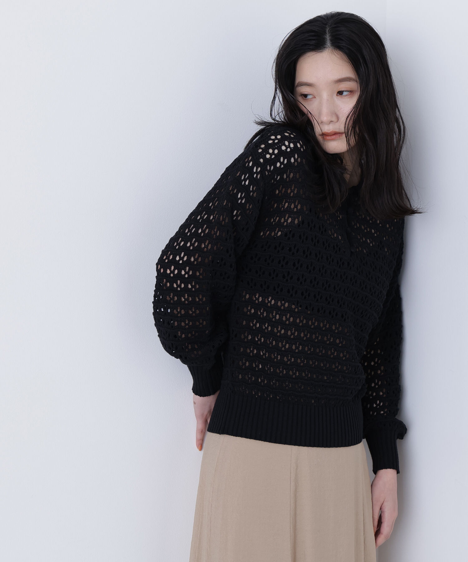  「〈N.〉透かし編みポロニット」|ニット・セーター|ブラック
