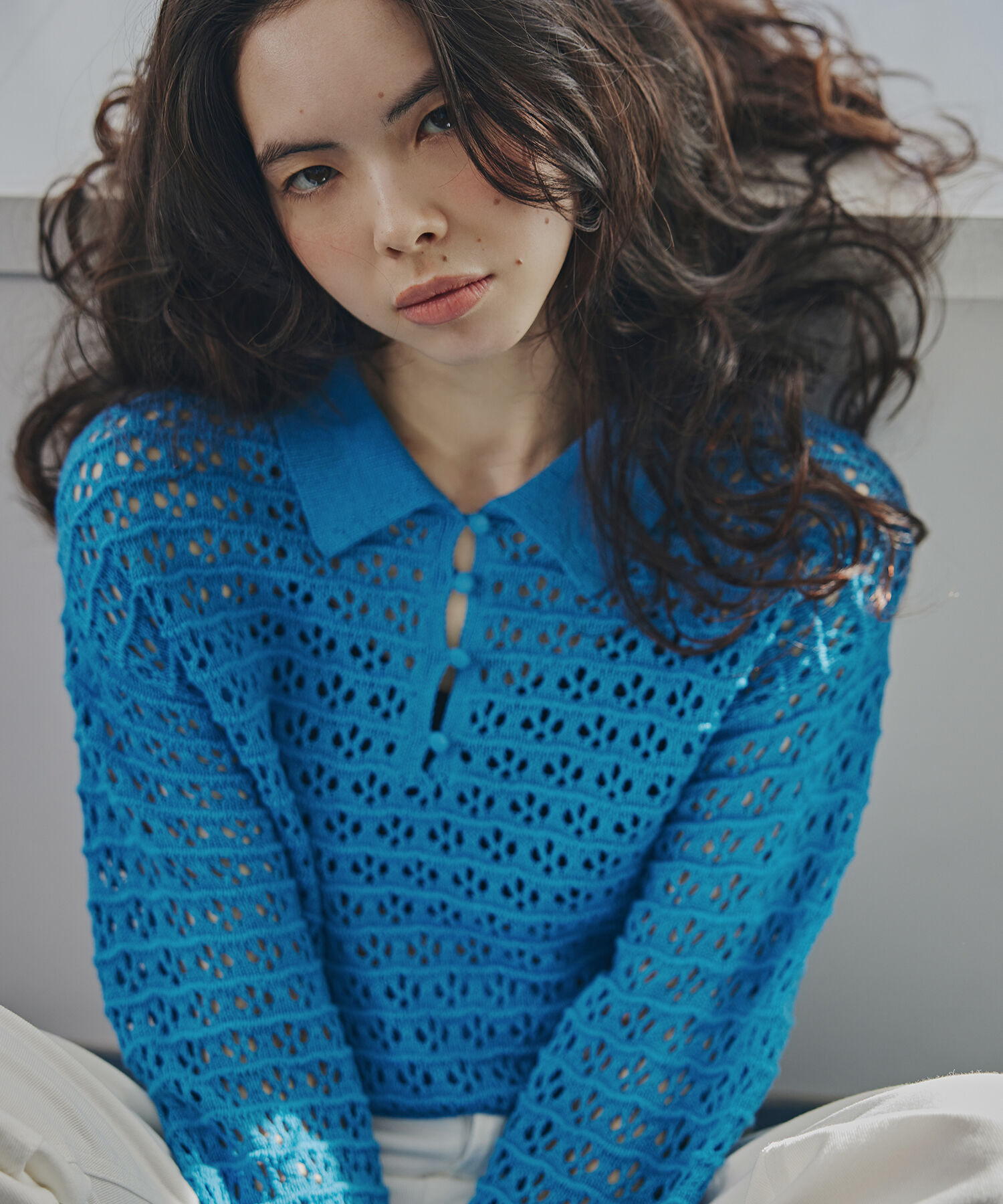  「〈N.〉透かし編みポロニット」|ニット・セーター|ブルー1