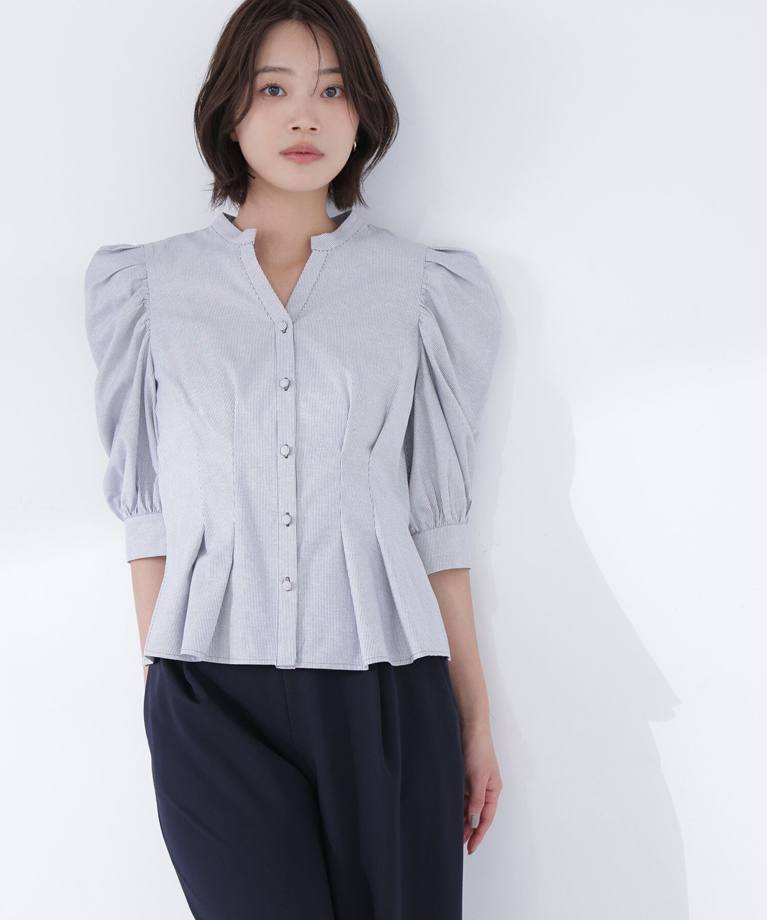  「ストライプペプラムブラウス」|シャツ・ブラウス|グレー系2