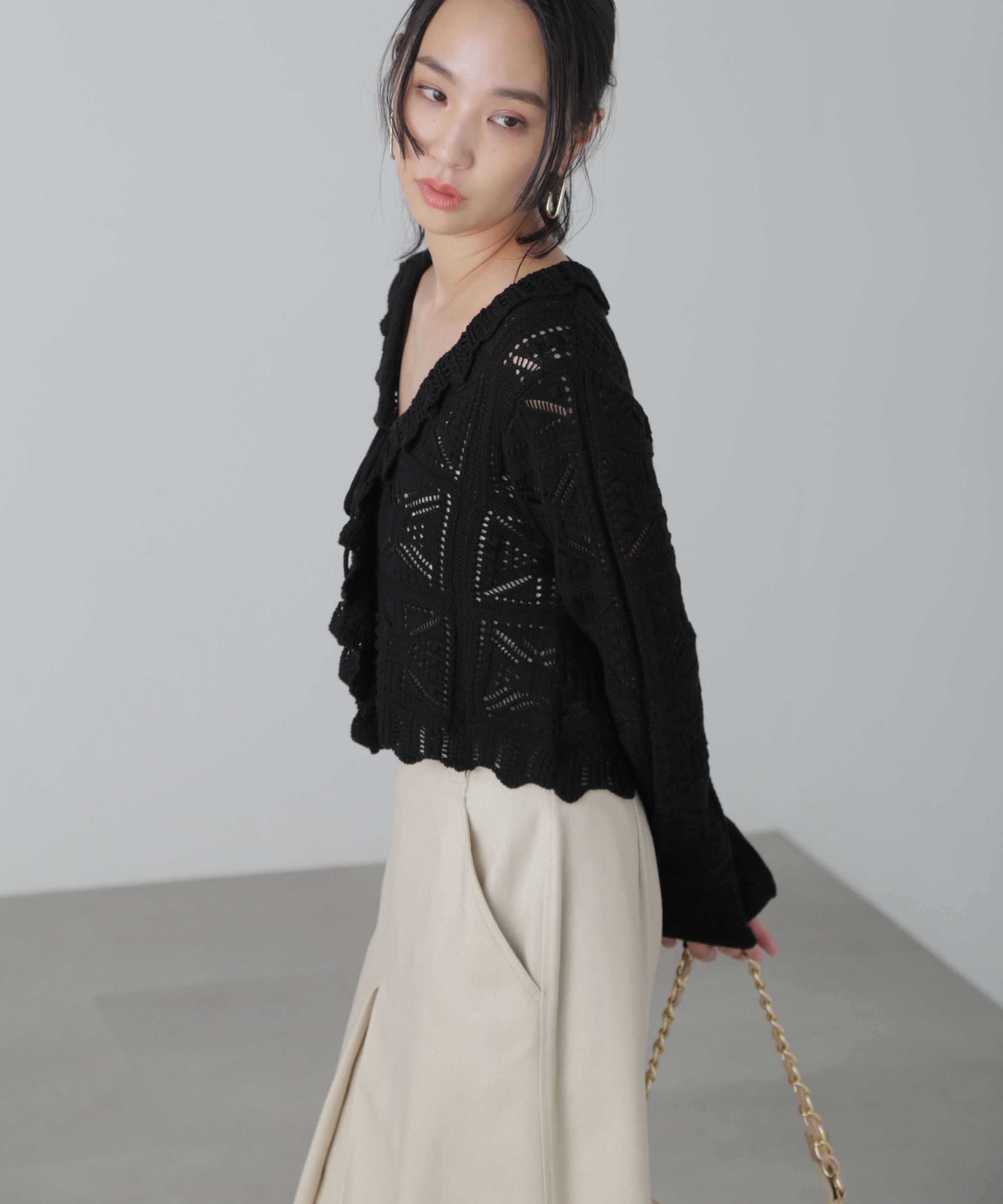  「透かし編みクロップドニットカーディガン」|ニット・セーター|