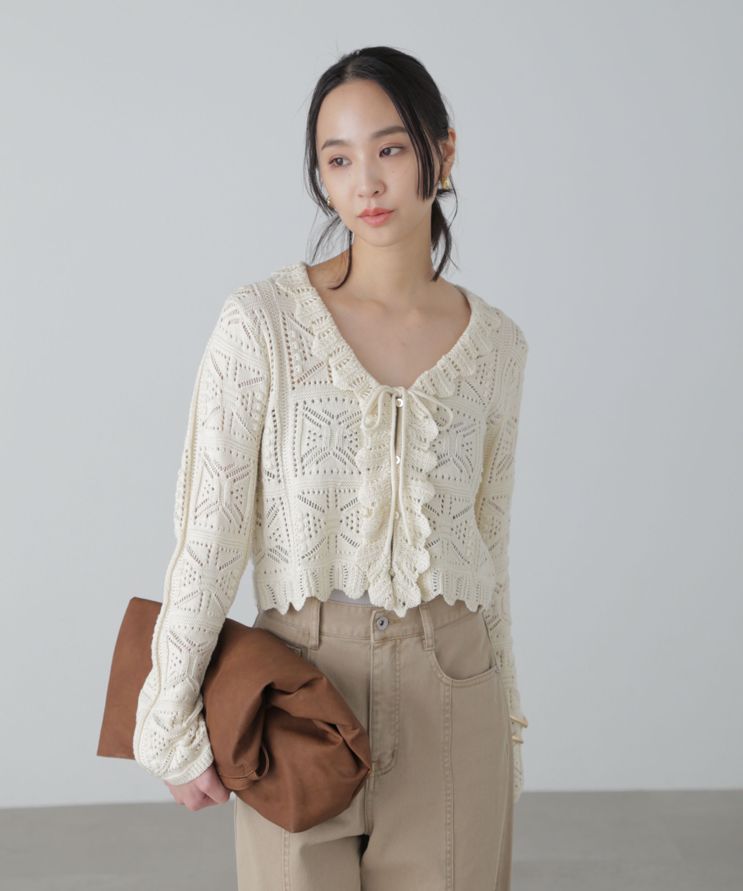  「透かし編みクロップドニットカーディガン」|ニット・セーター|