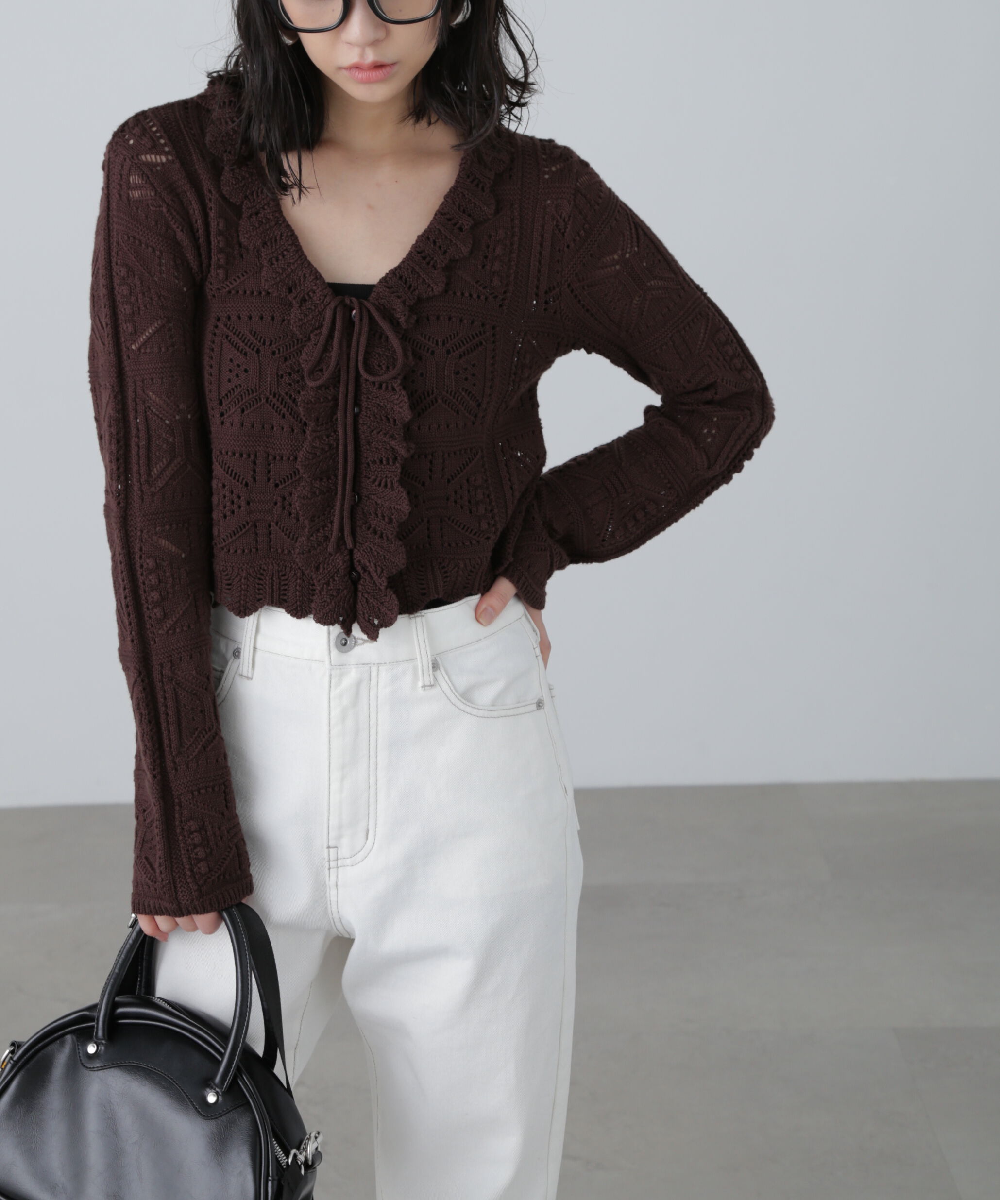  「透かし編みクロップドニットカーディガン」|ニット・セーター|