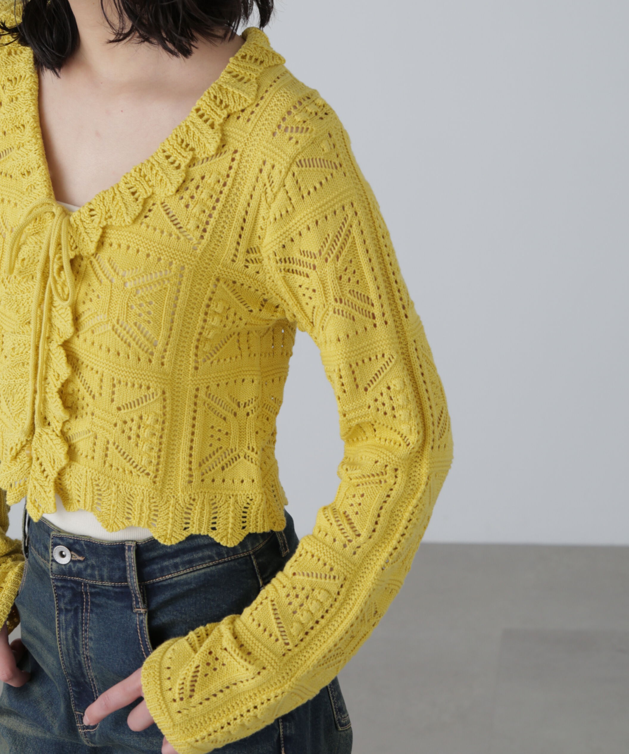  「透かし編みクロップドニットカーディガン」|ニット・セーター|