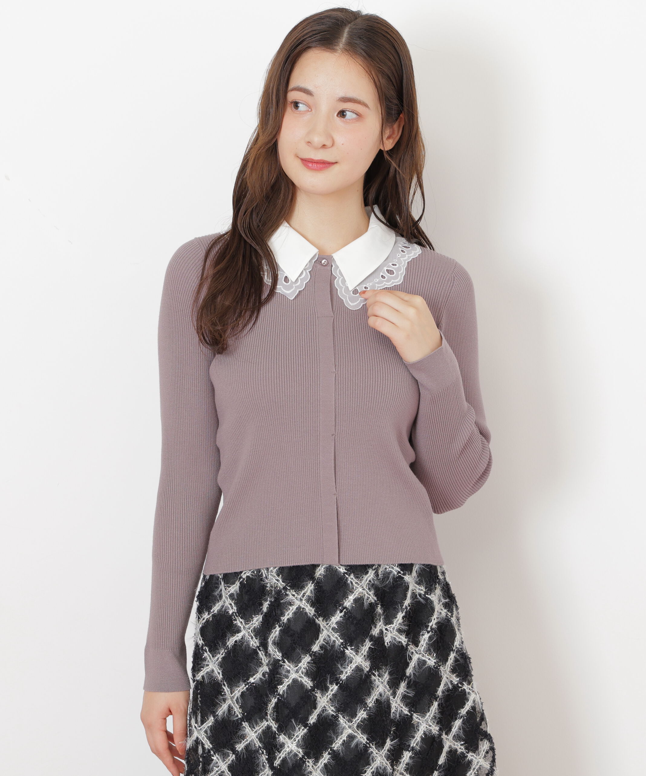  「レース衿レイヤードニット」|ニット・セーター|グレー