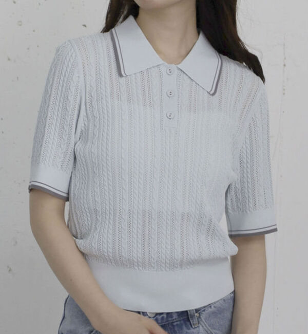 archives「【高機能】配色透かし編みポロニットプルオーバー」|ニット・セーター|