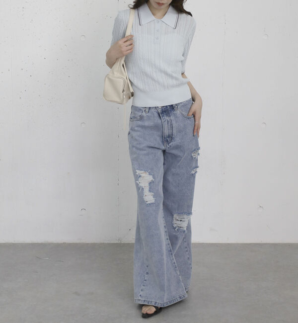 archives「【高機能】配色透かし編みポロニットプルオーバー」|ニット・セーター|