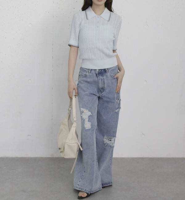 archives「【高機能】配色透かし編みポロニットプルオーバー」|ニット・セーター|