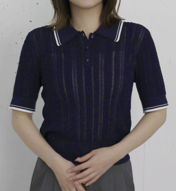 archives「【高機能】配色透かし編みポロニットプルオーバー」|ニット・セーター|NAVY
