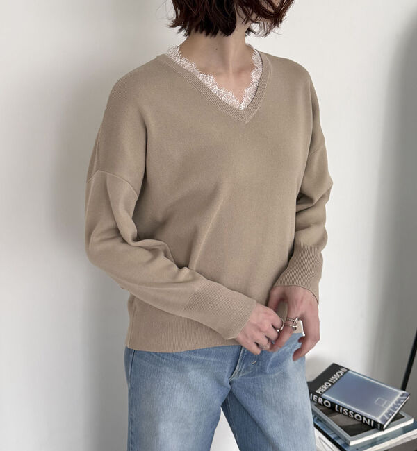 Doux archives「衿レースＶネックニットプルオーバー」|ニット・セーター|BEIGE