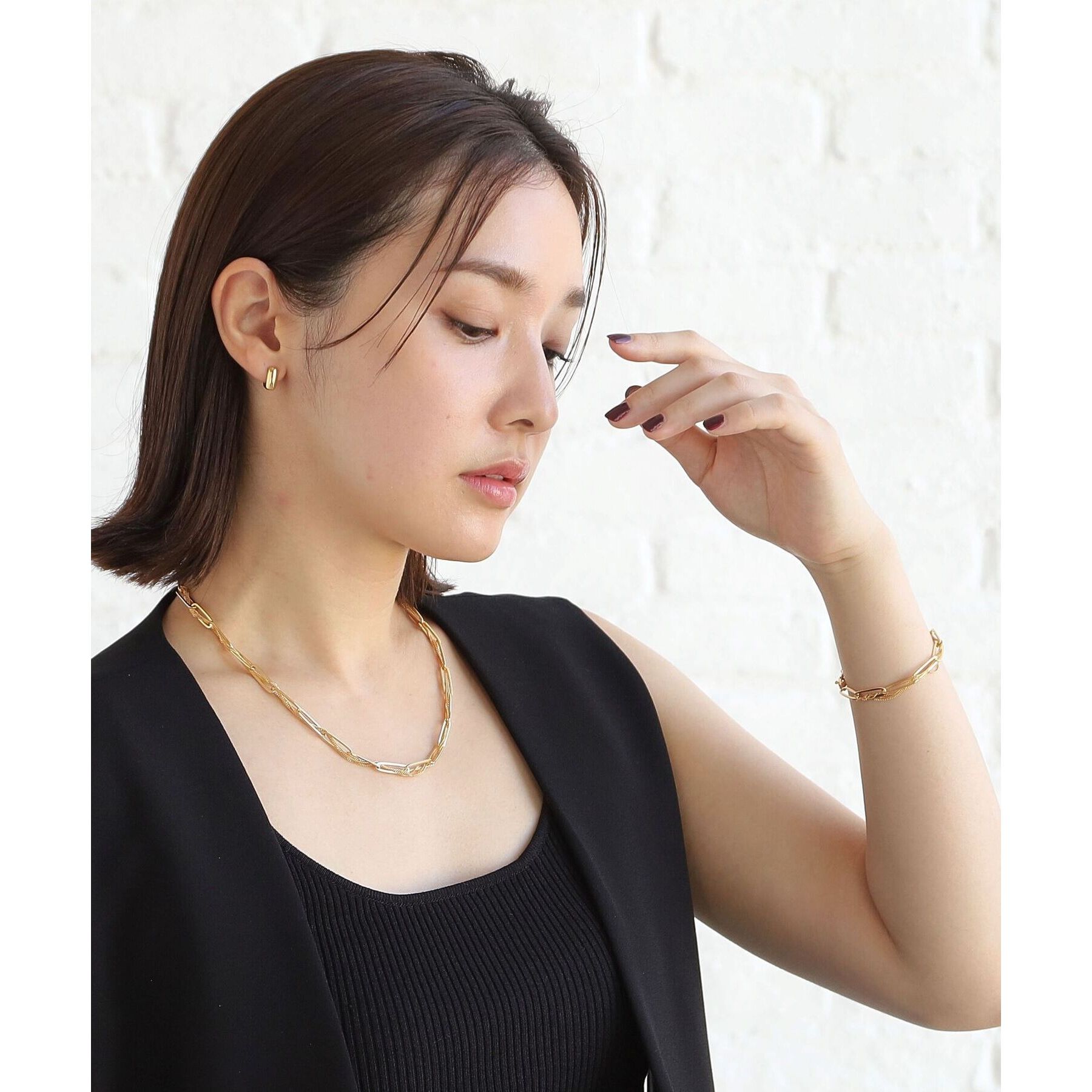 COCOSHNIK ONKITSCH「シルバー ミックスチェーン フラットカーブ スルー ネックレス GP」|ネックレス|