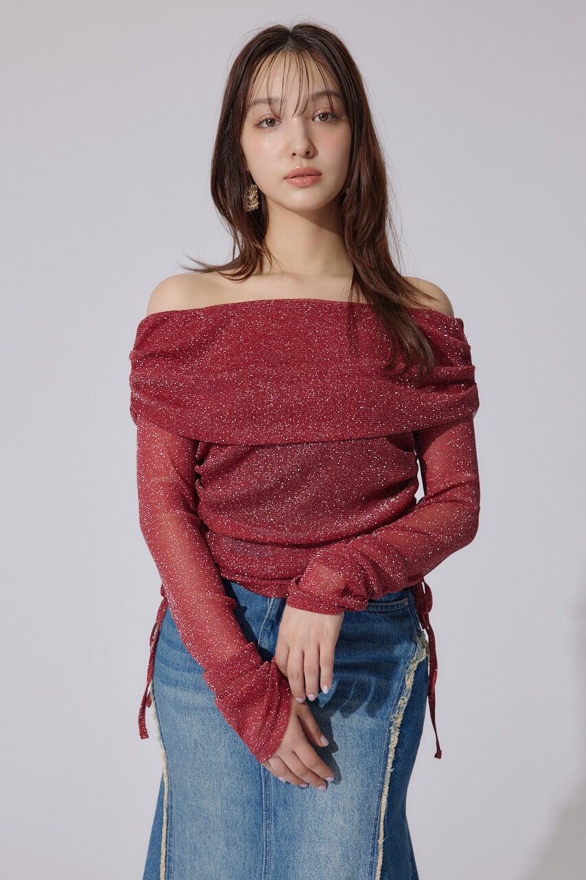 rienda「オフショルレディーラメトップス」|Tシャツ・カットソー|RED