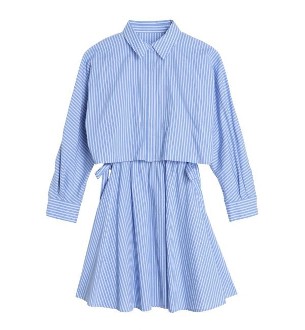 CALNAMUR「SHIRTS&times;SHIRRING MINI OP SET/シャツ&times;シャーリングミニワンピースセット」|ワンピース|ブルー