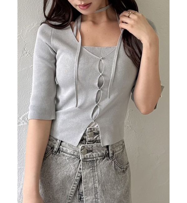 dazzlin「ハーフスリーブレイヤードカーデトップス」|ニット・セーター|グレー