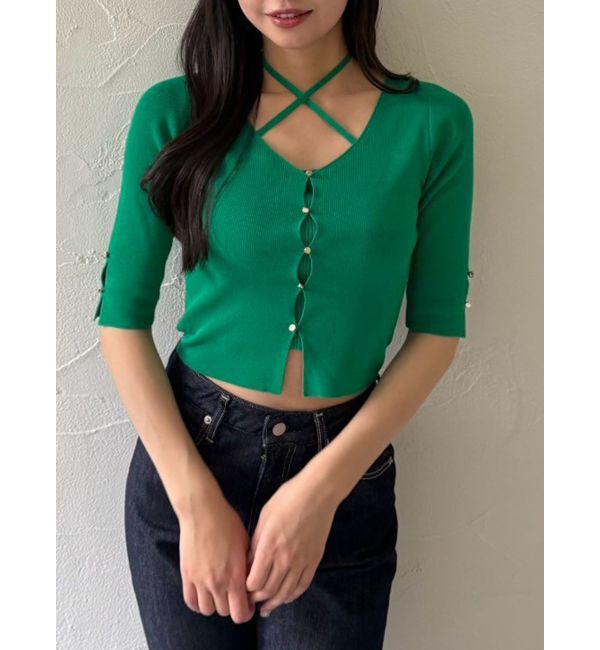 dazzlin「ハーフスリーブレイヤードカーデトップス」|ニット・セーター|グリーン