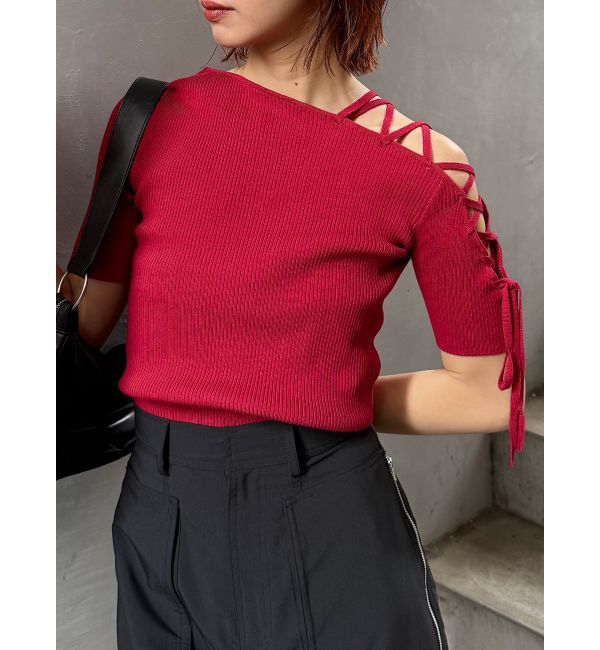 MURUA「レースアップハーフリブニット」|ニット・セーター|レッド