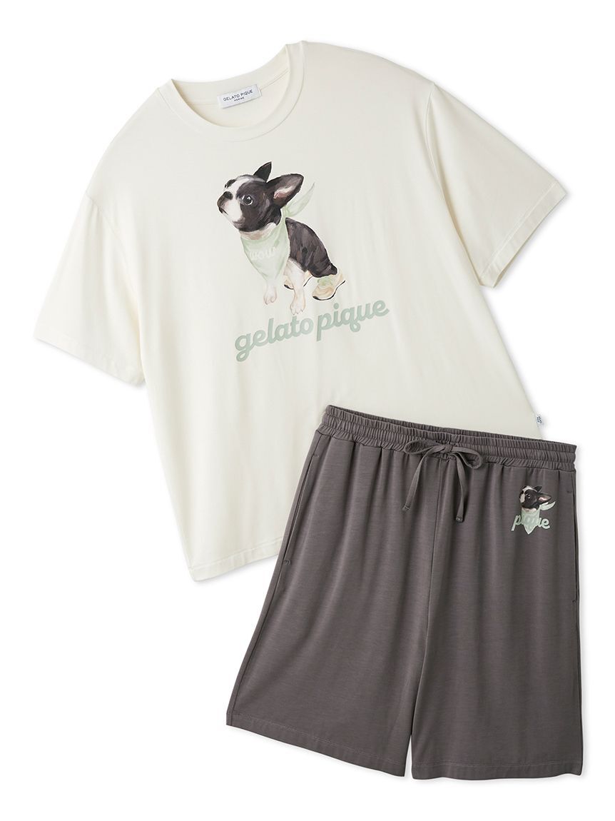 GELATO PIQUE HOMME「【HOMME】【接触冷感】レーヨンドッグワンポイントTシャツ&ハーフパンツセット」|ルームウェア|