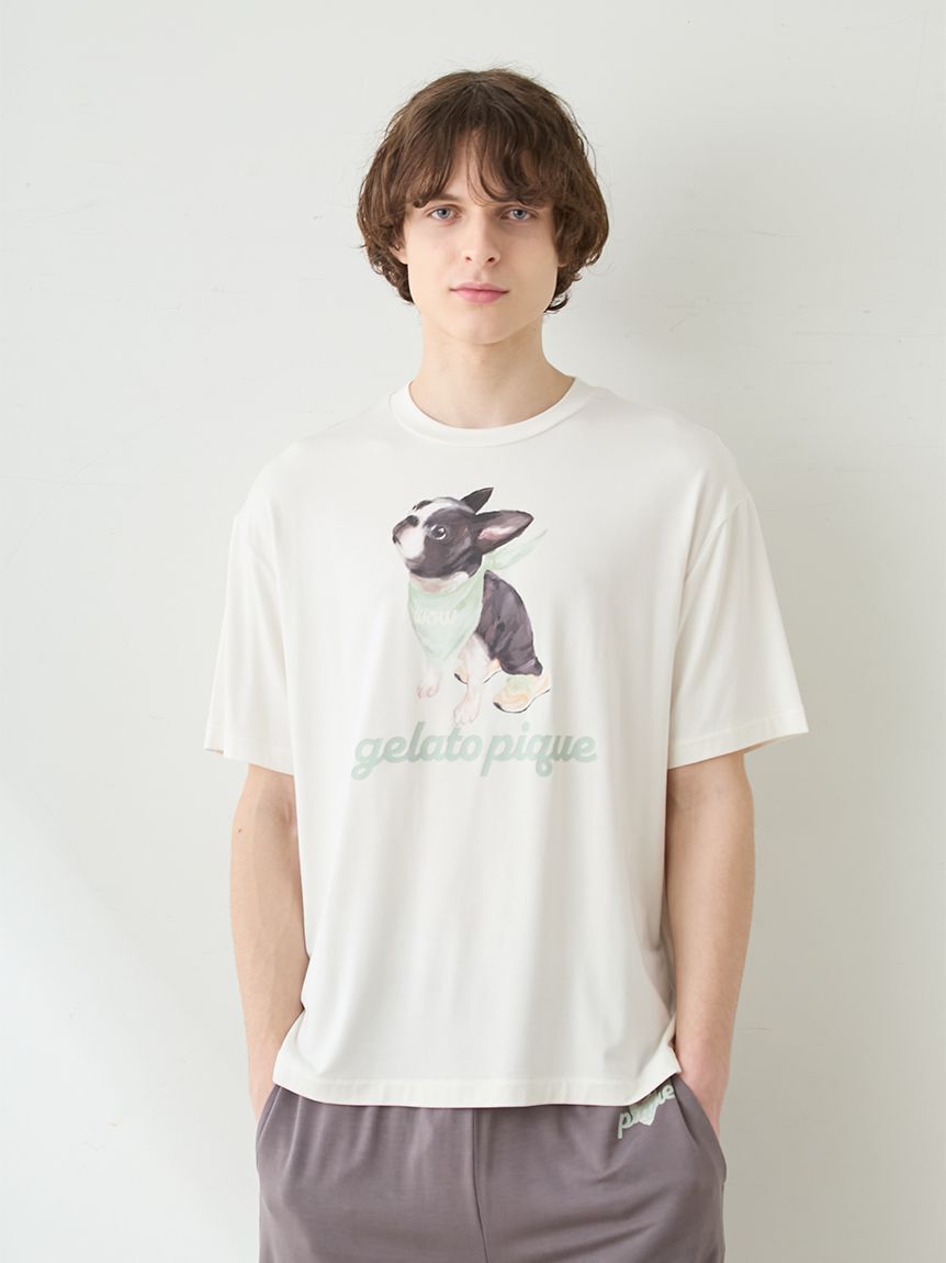 GELATO PIQUE HOMME「【HOMME】【接触冷感】レーヨンドッグワンポイントTシャツ&ハーフパンツセット」|ルームウェア|