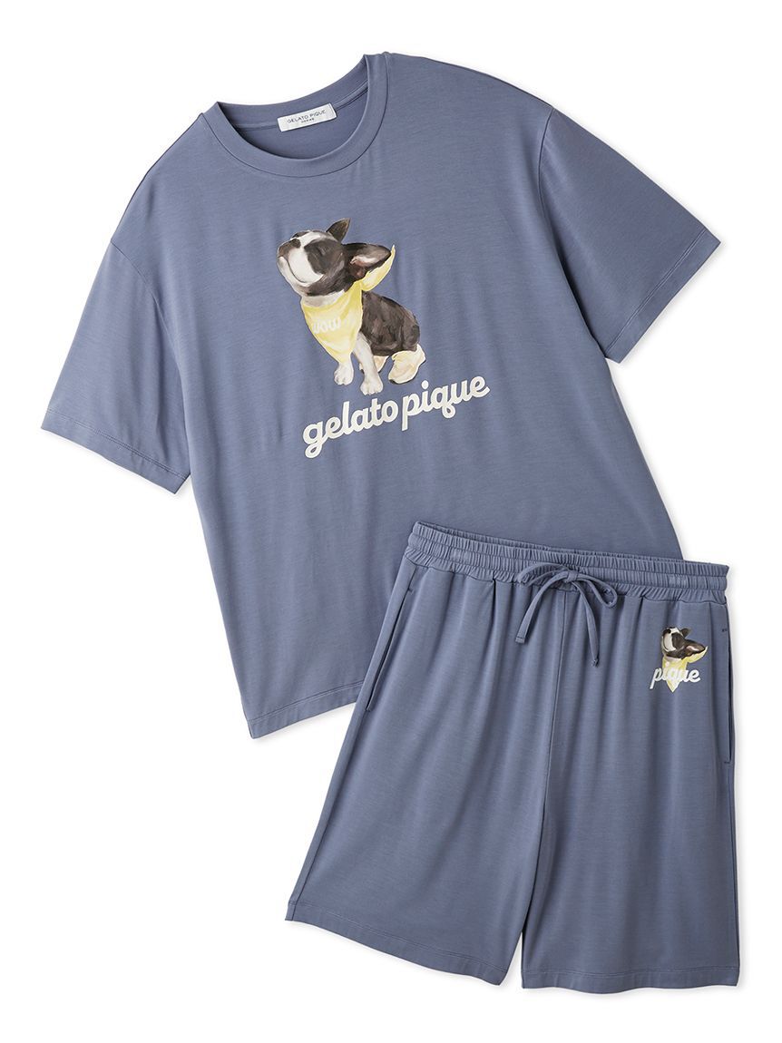 GELATO PIQUE HOMME「【HOMME】【接触冷感】レーヨンドッグワンポイントTシャツ&ハーフパンツセット」|ルームウェア|NVY