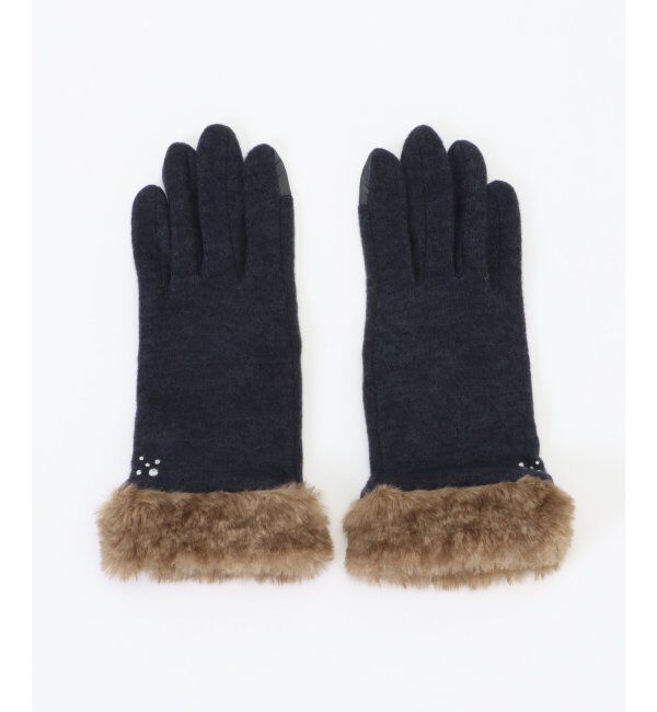 ikka「フェイクファー付きジャージグローブ」|手袋|