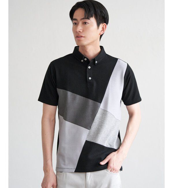 ikka「ブロックス鹿の子ナナメ切り替えポロシャツ」|その他|ブラック