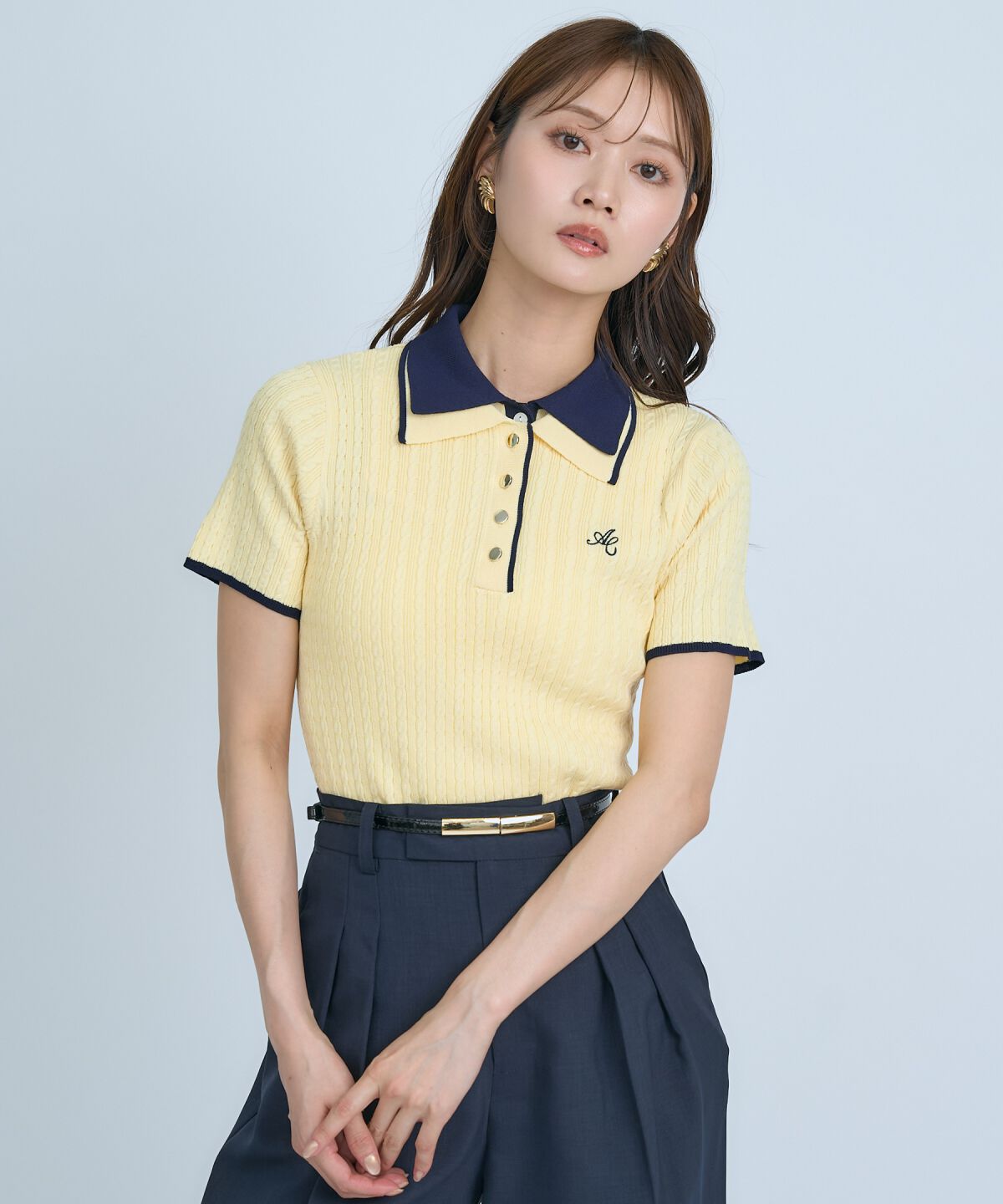 アンドクチュール「ダブルカラーケーブルポロニット」|ニット・セーター|イエロー