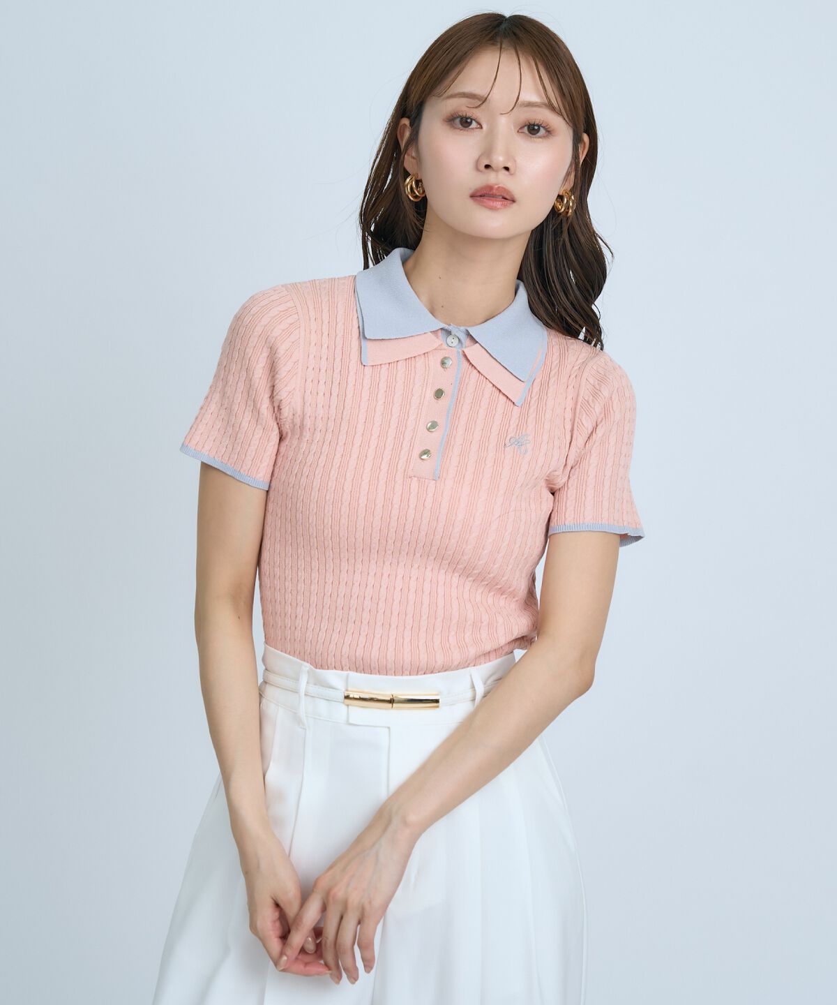 アンドクチュール「ダブルカラーケーブルポロニット」|ニット・セーター|ピンク