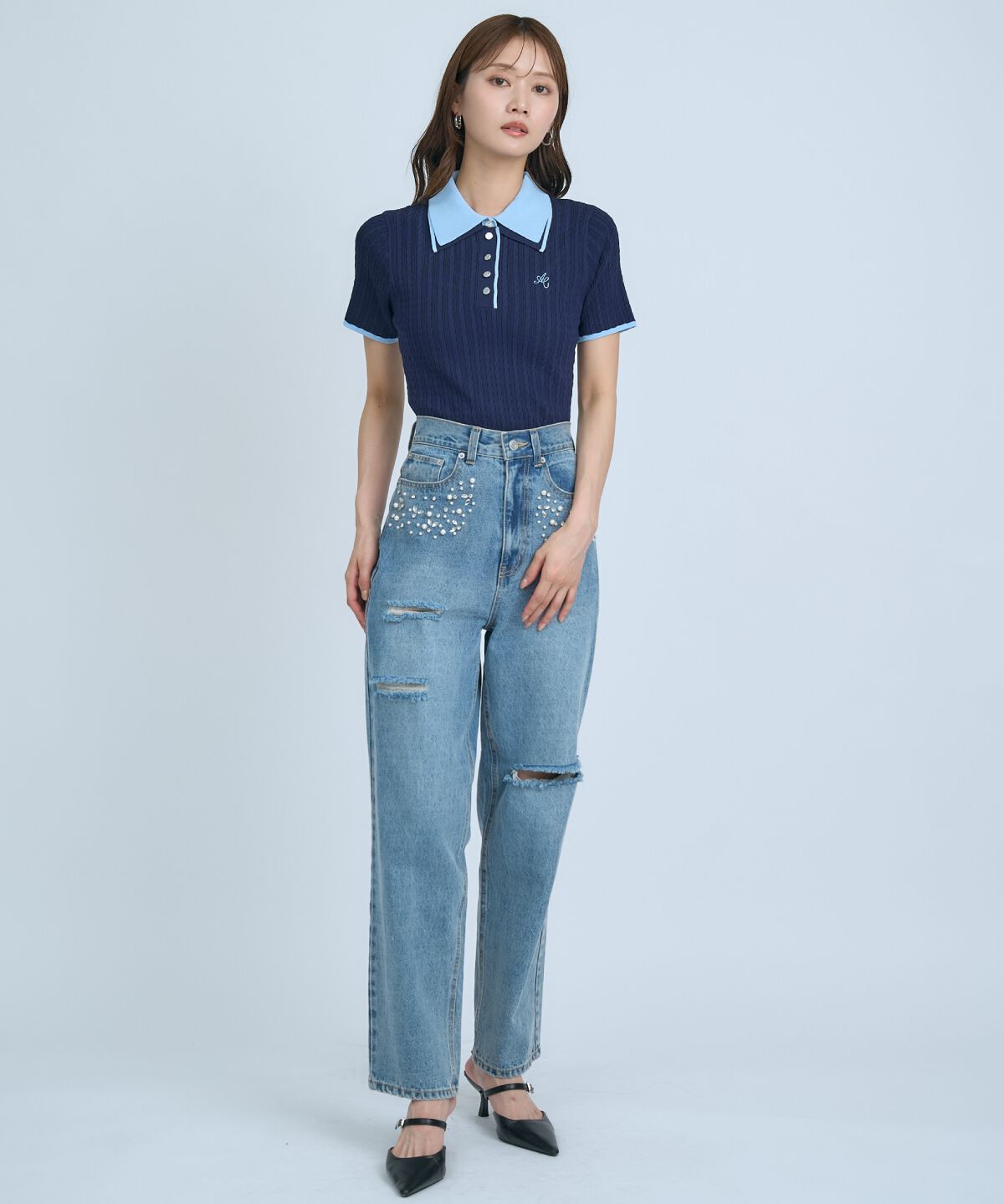 アンドクチュール「ダブルカラーケーブルポロニット」|ニット・セーター|