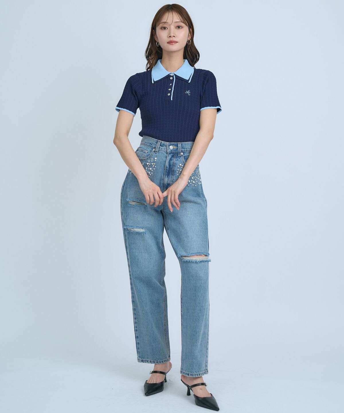 アンドクチュール「ダブルカラーケーブルポロニット」|ニット・セーター|