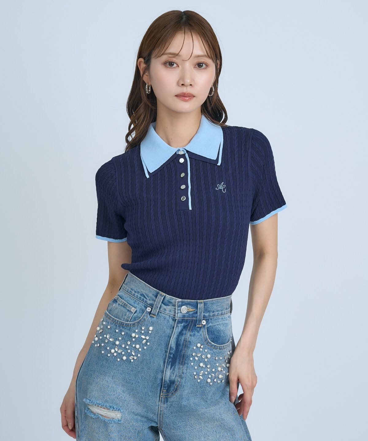 アンドクチュール「ダブルカラーケーブルポロニット」|ニット・セーター|