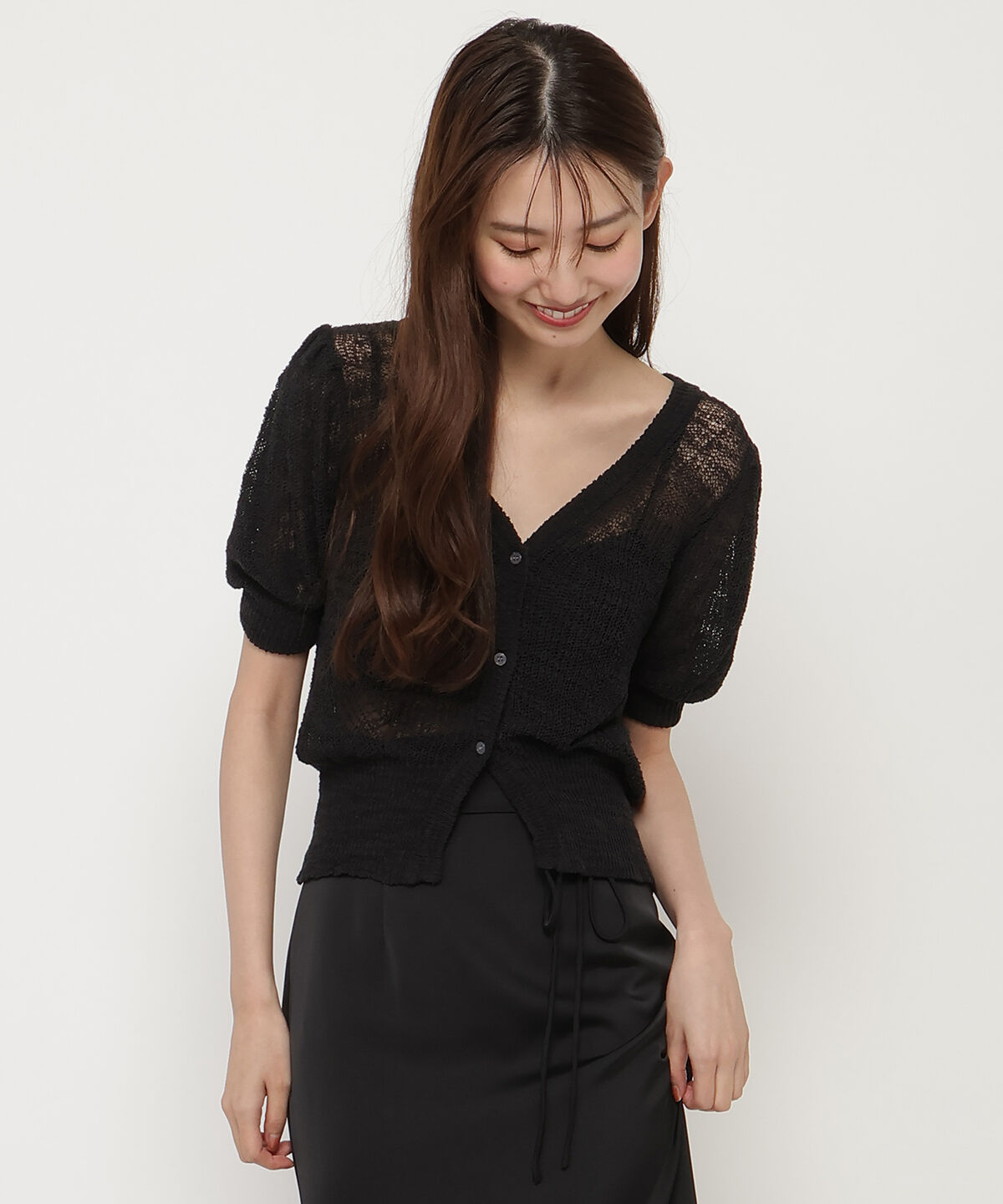 REDYAZEL「シアーニット半袖カーディガントップス」|カーディガン|