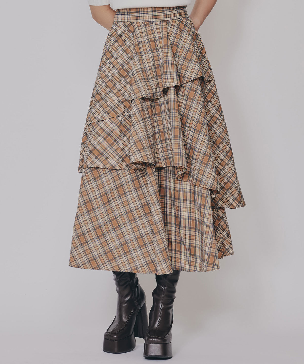 REDYAZEL「タータンチェックティアードスカート」|フレア|beige/ﾁｪｯｸ