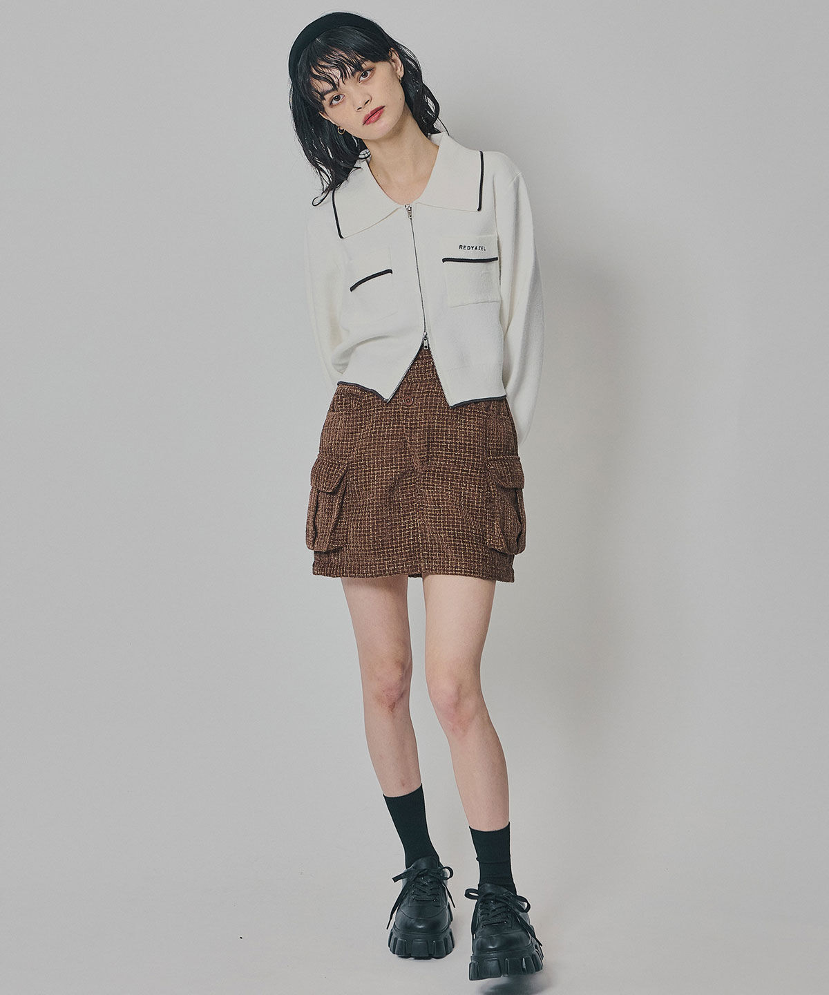 REDYAZEL「モールツイードカーゴミニスカート」|台形|