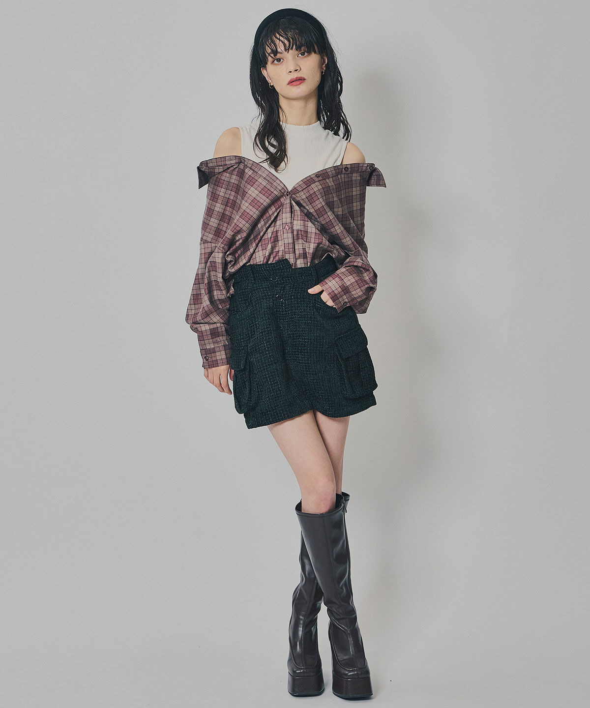 REDYAZEL「モールツイードカーゴミニスカート」|台形|