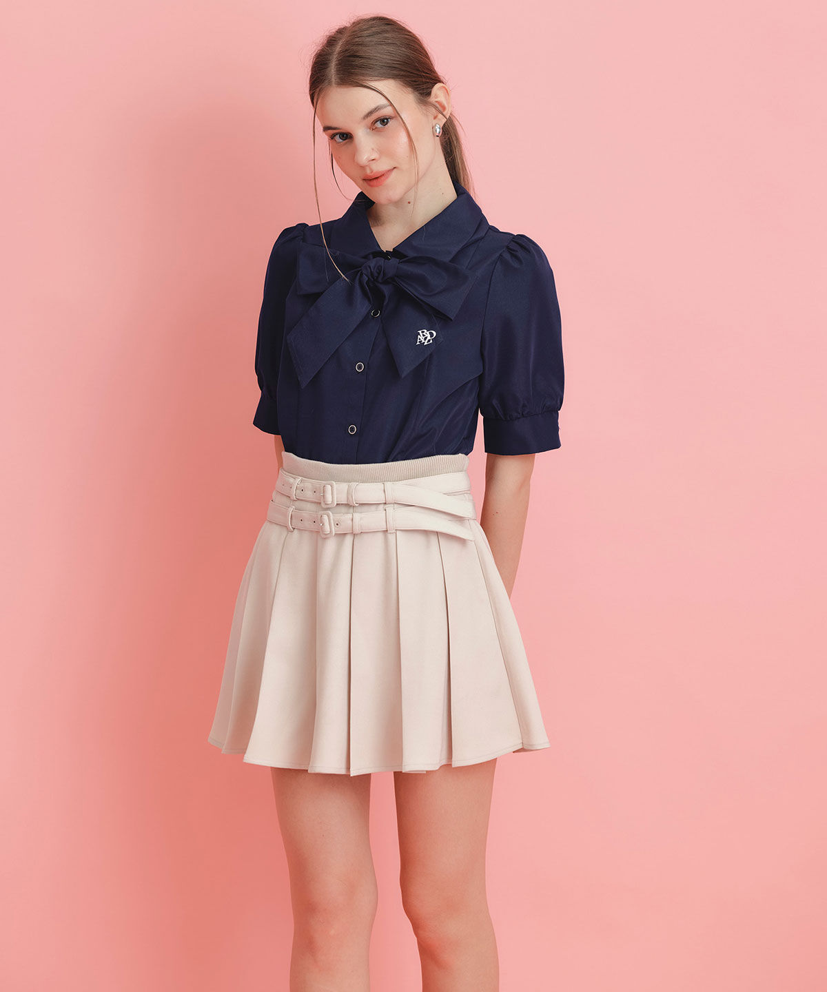 REDYAZEL「ウエストリブダブルベルトプリーツミニスカート」|フレア|