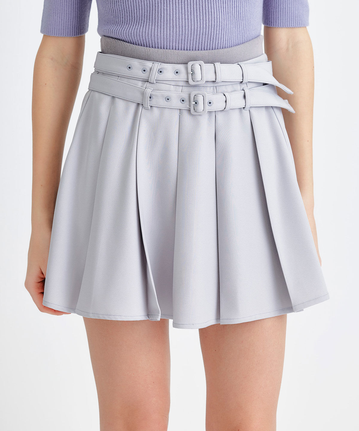 REDYAZEL「ウエストリブダブルベルトプリーツミニスカート」|フレア|ライトグレー