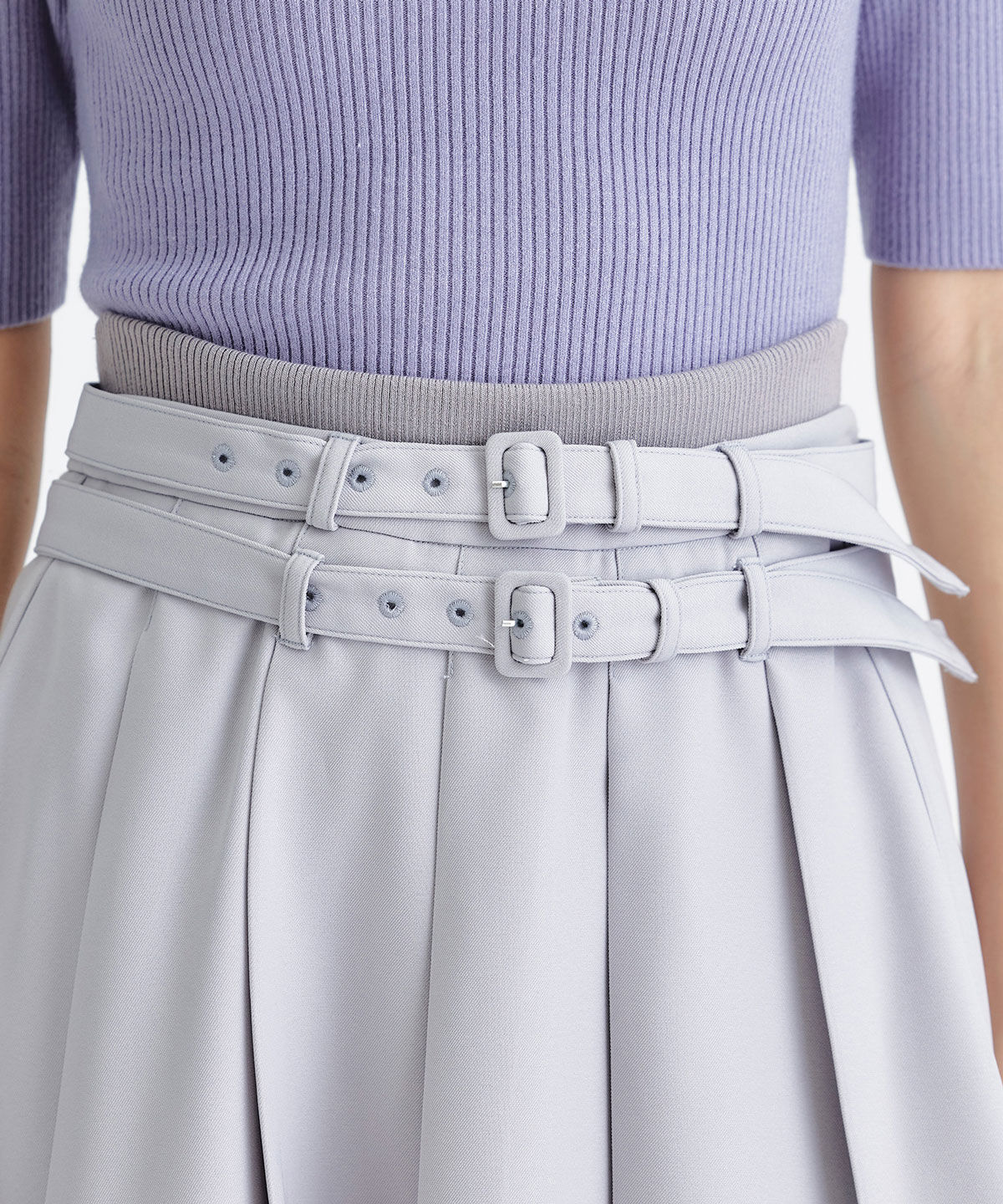 REDYAZEL「ウエストリブダブルベルトプリーツミニスカート」|フレア|