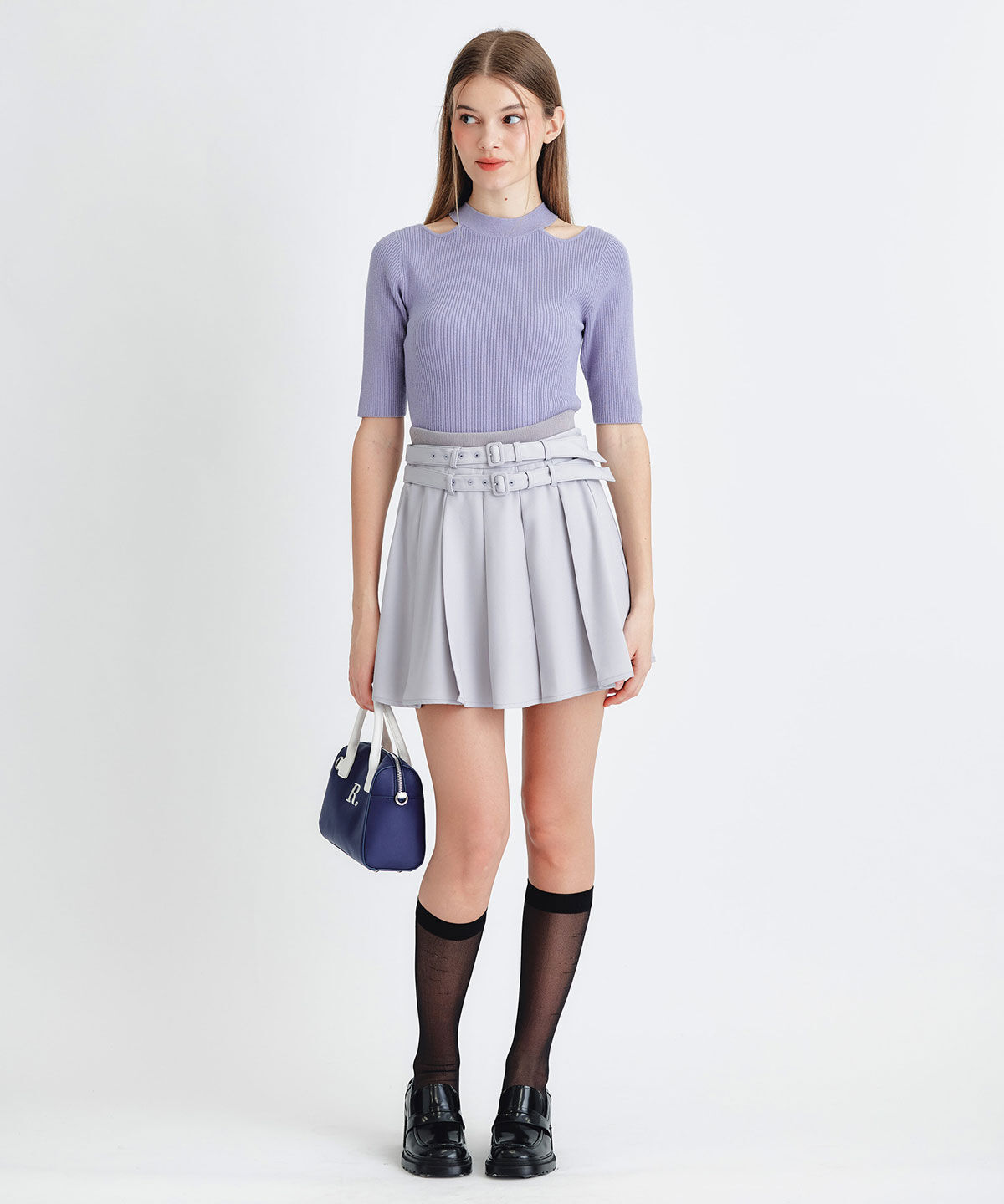 REDYAZEL「ウエストリブダブルベルトプリーツミニスカート」|フレア|