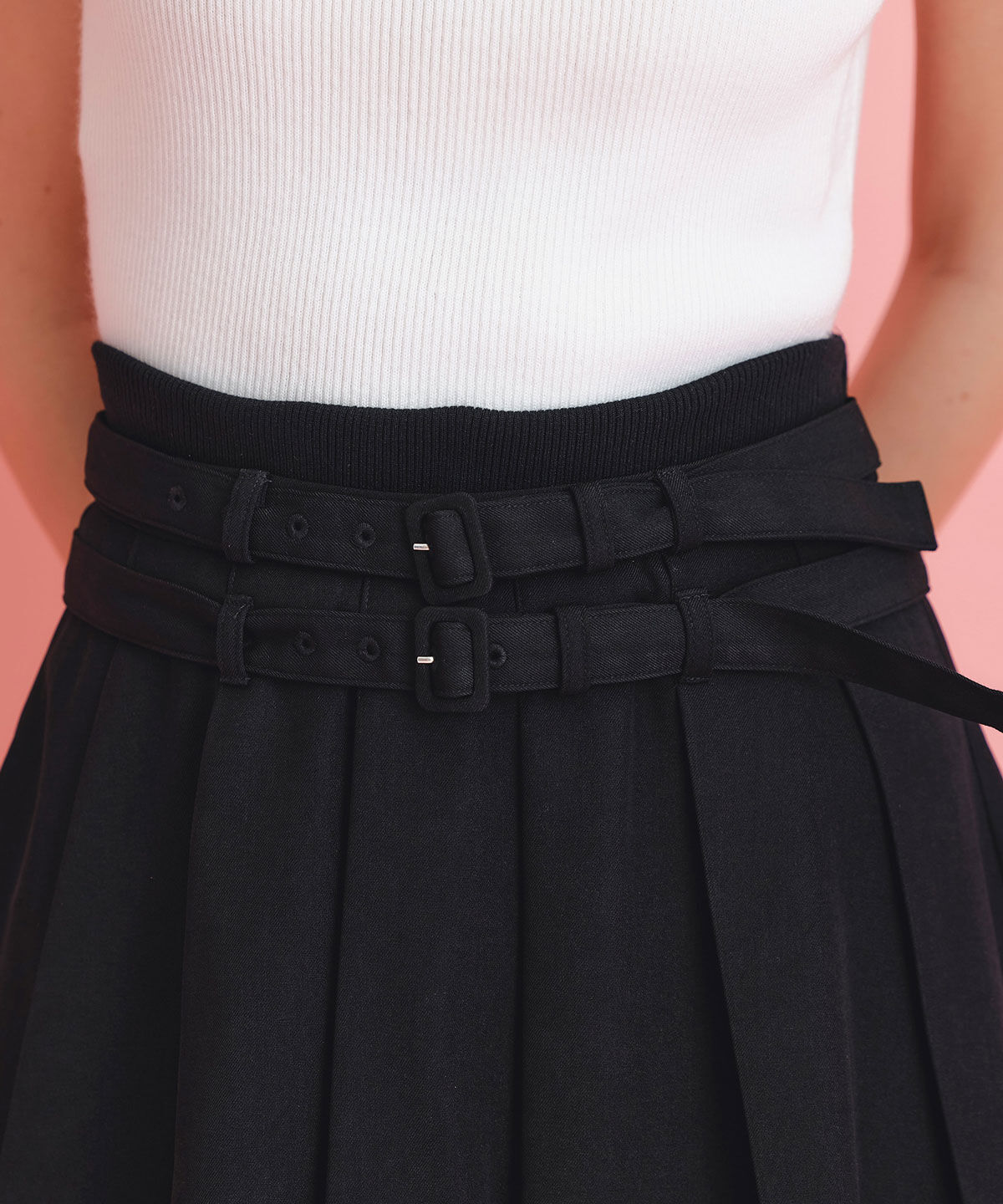 REDYAZEL「ウエストリブダブルベルトプリーツミニスカート」|フレア|