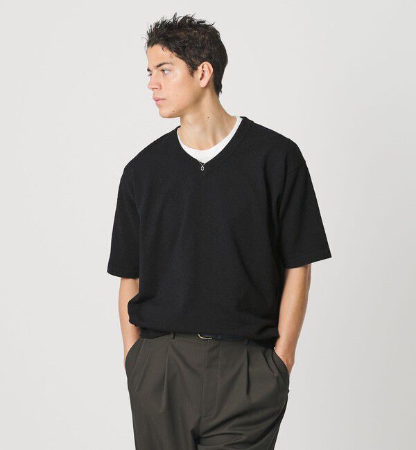 BEAUTY&YOUTH UNITED ARROWS「KNITEE クリンプコットン Vネック ニット Tシャツ ウォッシャブル」|ニット・セーター|BLACK