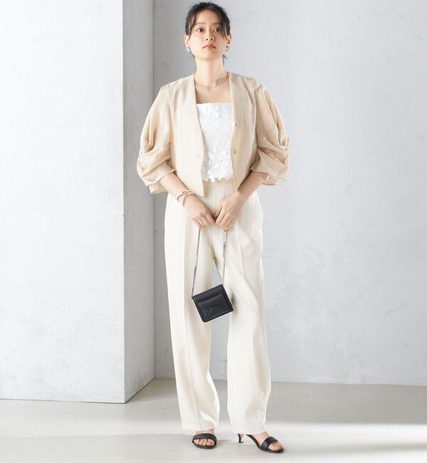 SHIPS for women「little black:〈手洗い可能〉ネジリ スリーブ シアー ショート 羽織（セレモニー対応可）」|ノーカラージャケット|