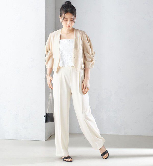 SHIPS for women「little black:〈手洗い可能〉ネジリ スリーブ シアー ショート 羽織（セレモニー対応可）」|ノーカラージャケット|