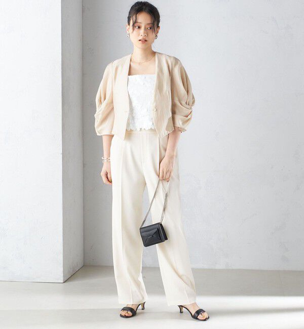 SHIPS for women「little black:〈手洗い可能〉ネジリ スリーブ シアー ショート 羽織（セレモニー対応可）」|ノーカラージャケット|