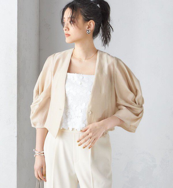 SHIPS for women「little black:〈手洗い可能〉ネジリ スリーブ シアー ショート 羽織（セレモニー対応可）」|ノーカラージャケット|