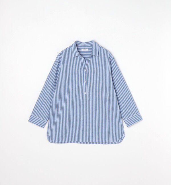SHIPS any「SHIPS any: 〈洗濯機可能〉コットン / リネン ブルー ストライプ 7分袖 プルオーバーシャツ◇」|シャツ・ブラウス|