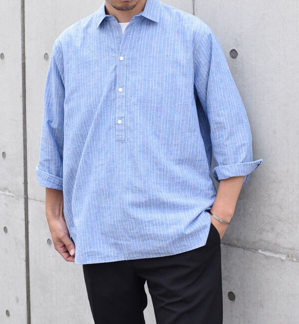 SHIPS any「SHIPS any: 〈洗濯機可能〉コットン / リネン ブルー ストライプ 7分袖 プルオーバーシャツ◇」|シャツ・ブラウス|コバルトブルー