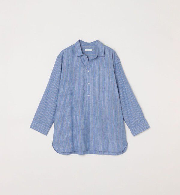 SHIPS any「SHIPS any: 〈洗濯機可能〉コットン / リネン ブルー ストライプ 7分袖 プルオーバーシャツ◇」|シャツ・ブラウス|