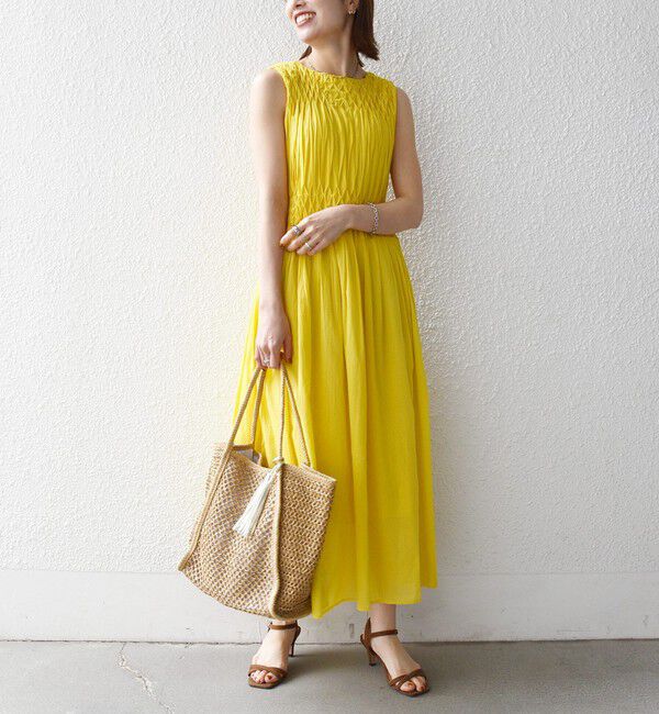 SHIPS any「《一部追加予約》【WEB限定】SHIPS any: ハンドスモッキング  コットン フレア ノースリーブ ワンピース」|ワンピース|イエロー