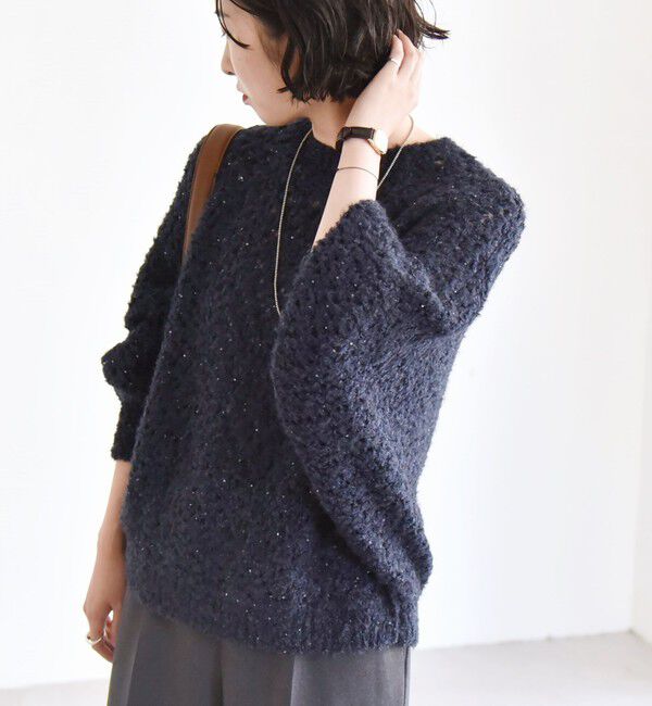 quaranciel「quaranciel:〈手洗い可能〉スパンコール レース編み クルーネック ドルマン ルーズ ニット」|ニット・セーター|